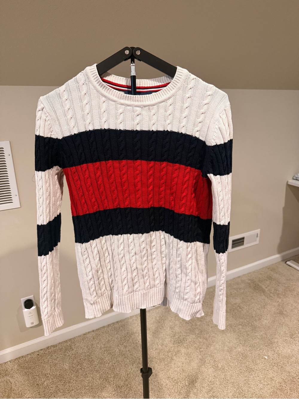 Women’s Tommy Hilfiger Cable Knit Sweater - White, Navy & Red